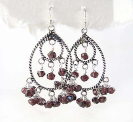 Sterling Silver Twist Rope Teardrop Circle Open Chandelier Earrings, Garnet