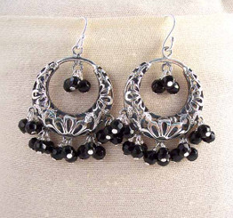 Sterling Silver Flower Circle Charm Bead Chandelier Earrings, Black