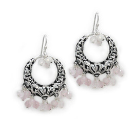 Sterling Silver Flower Circle Charm Bead Chandelier Earrings, Rose Quartz