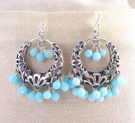 Sterling Silver Flower Circle Charm Bead Chandelier Earrings, Sky Blue