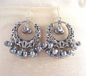 Sterling Silver Flower Circle Charm Bead Chandelier Earrings, Cultured Pearl Peacock
