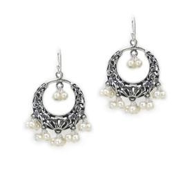 Sterling Silver Flower Circle Charm Bead Chandelier Earrings, Cultured Pearl White