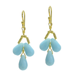 Gold Plated Sterling Silver Teardrops Three Stone Wire-Wrapped Earrings, Sky Blue