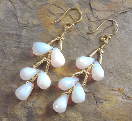 Gold Plated Sterling Silver Teardrops Two Tier Wire-Wrapped Earrings, White Iridescent