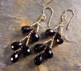 Gold Plated Sterling Silver Teardrops Two Tier Wire-Wrapped Earrings, Black