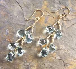 Gold Plated Sterling Silver Teardrops Two Tier Wire-Wrapped Earrings, Aqua