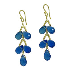 Gold Plated Sterling Silver Teardrops Two Tier Wire-Wrapped Earrings, Midnight Blue
