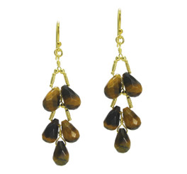 Gold Plated Sterling Silver Teardrops Two Tier Wire-Wrapped Earrings, Tiger's Eye