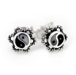 Sterling Silver Flower Yin Yang Post Stud Earrings