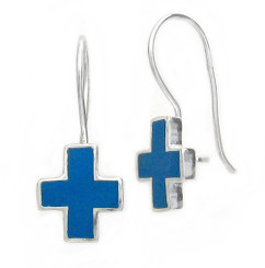 Sterling Silver Enamel Cross French Hook Earrings, Blue
