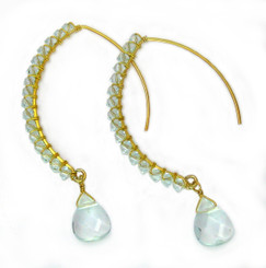 Gold-plated Sterling Silver Crystal Drop Beaded Elliptical Hook Earrings, Aqua