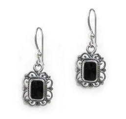 Sterling Silver Eudora  Rectangle Stone Filigree Drop Earrings, Onyx