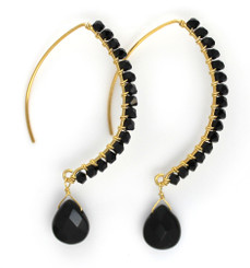 Gold-plated Sterling Silver Crystal Drop Beaded Elliptical Hook Earrings, Black