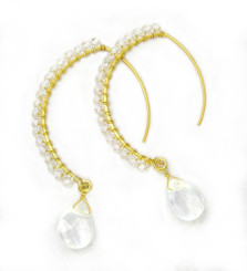 Gold-plated Sterling Silver Crystal Drop Beaded Elliptical Hook Earrings, Clear