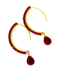 Gold-plated Sterling Silver Crystal Drop Beaded Elliptical Hook Earrings, Red
