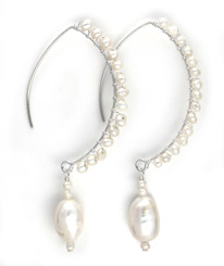 Sterling Silver Cultured Pearl Drop Beaded Elliptical Hook Earrings, White