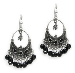 Sterling Silver Bohemian "Arya" Stone Inlay and Stones Cluster Earrings, Faceted Onyx