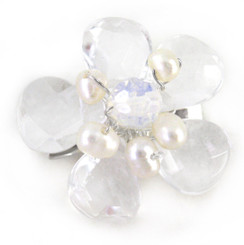 Sterling Silver Flower Crystal Cultured Pearl Wire Wrapped Brooch Pin, Clear