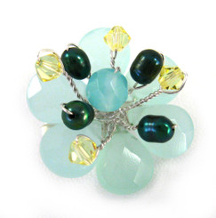 Sterling Silver Flower Crystal Cultured Pearl Wire Wrapped Brooch Pin, Blue