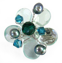 Sterling Silver Flower Crystal Cultured Pearl Wire Wrapped Brooch Pin, Aqua