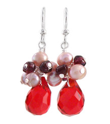 Sterling Silver "Candice" Cluster & Crystal Drop Earrings, Red