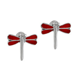 Sterling Silver Enamel Dragonfly Stud Post Earrings, Red