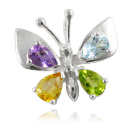 Sterling Silver Butterfly Colorful Crystals Wing Brooch Pin