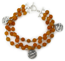 Three Strand Carnelian "LOVE" Charm Sterling Silver Bracelet