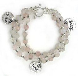 Three Strand Rose Quartz "LOVE" Charm Sterling Silver Bracelet