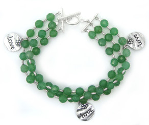 Three Strand Green Quartz "LOVE" Charm Sterling Silver Bracelet