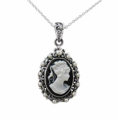 Sterling Silver Cameo and Simulated Pearl Halo Pendant Necklace, Black