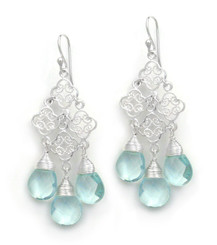 Sterling Silver Filigree Clover Link Three Crystals Chandelier Drop Earrings, Aqua