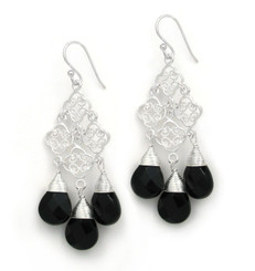 Sterling Silver Filigree Clover Link Three Crystals Chandelier Drop Earrings, Black