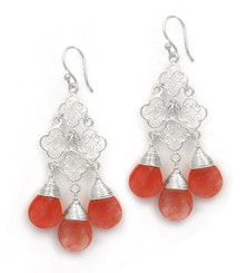 Sterling Silver Filigree Clover Link Three Crystals Chandelier Drop Earrings, Cherry Quartz