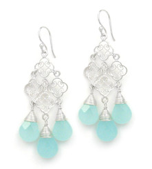 Sterling Silver Filigree Clover Link Three Crystals Chandelier Drop Earrings, Ocean Blue