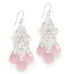 Sterling Silver Filigree Clover Link Three Crystals Chandelier Drop Earrings, Pink
