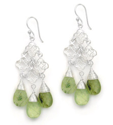 Sterling Silver Filigree Clover Link Three Stones Chandelier Drop Earrings, Prehnite