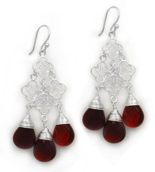 Sterling Silver Filigree Clover Link Three Crystals Chandelier Drop Earrings, Red