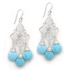 Sterling Silver Filigree Clover Link Three Crystals Chandelier Drop Earrings, Sky Blue