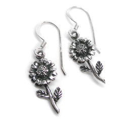 Sterling Silver Stem Daisy Flower Charm Drop Earrings