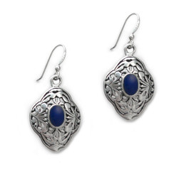 Sterling Silver Oval Stone Filigree Chantia Drop Earrings, Lapis Lazuli