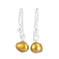 Sterling Silver Cultured Pearl Tiny Small Drop Earrings, Golden
