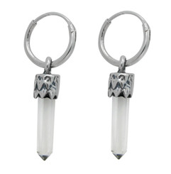 Sterling Silver Crystal Wand Charm on Small 10mm Hoop Earrings, Clear