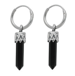 Sterling Silver Crystal Wand Charm on Small 10mm Hoop Earrings, Black