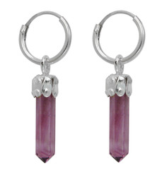 Sterling Silver Crystal Wand Charm on Small 10mm Hoop Earrings, Purple