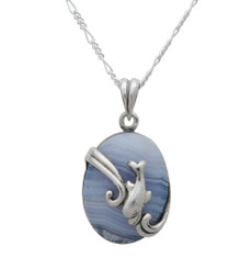Sterling Silver Diving Dolphin Blue Lace Agate Pendant Necklace