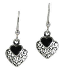 Sterling Silver Heart Stone Filigree Charm Drop Earrings, Onyx