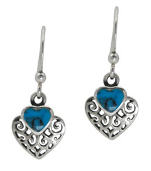 Sterling Silver Heart Stone Filigree Charm Drop Earrings, Turquoise