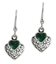 Sterling Silver Heart Stone Filigree Charm Drop Earrings, Malachite