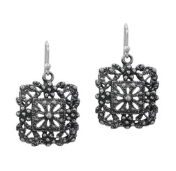 Sterling Silver Flower Rose Window Antique Filigree Square Charm Drop Earrings